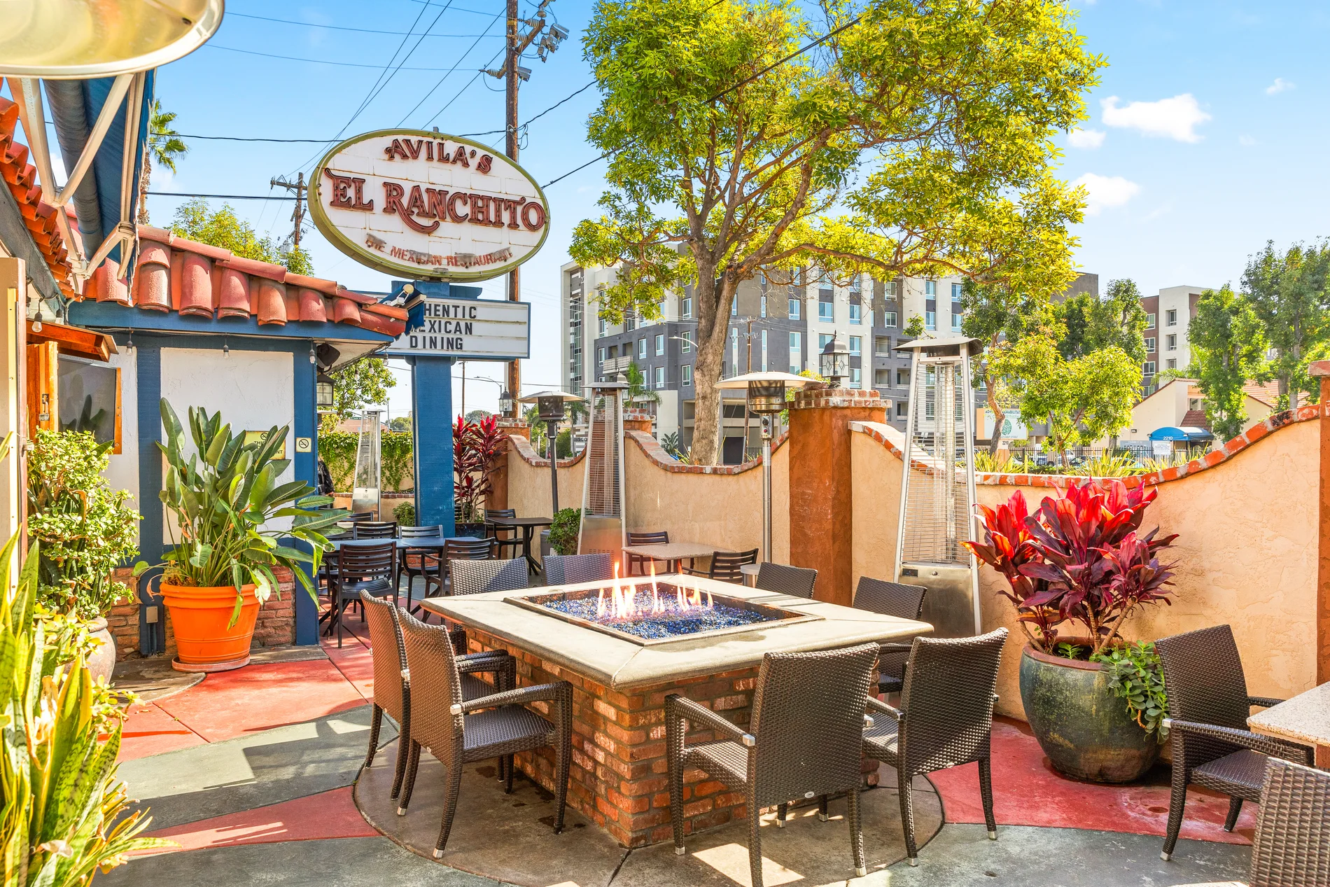 The outdoor patio with tables and string lighting
