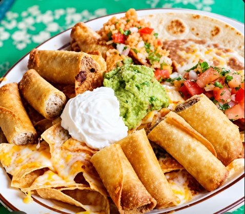 Plate of taquitos with nachos, guacamole, sour cream, rice, beans and pico de gallo