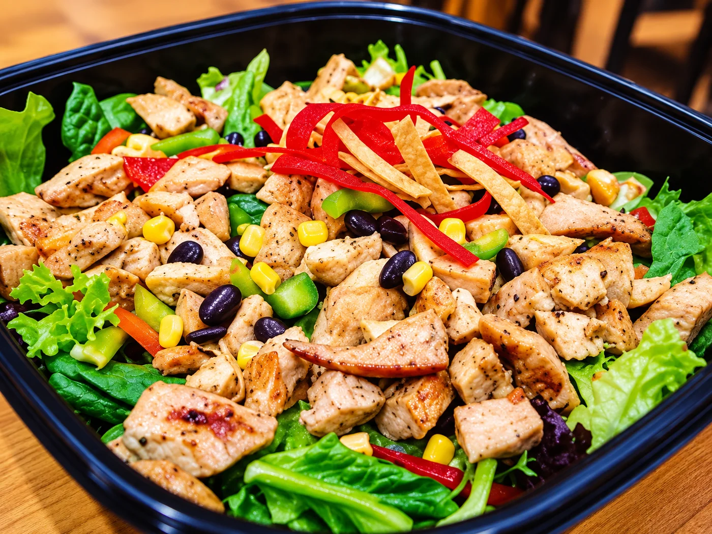 A chicken salad topped with colorful tortilla strips