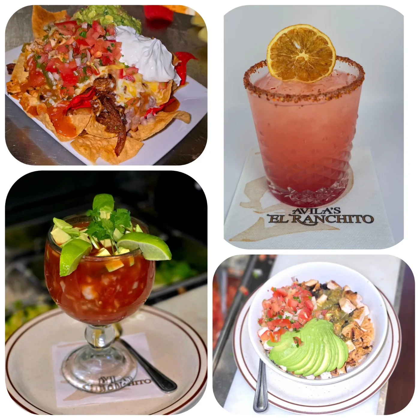 Collage of nachos, a pink cocktail, seafood cocktail and an avocado-topped bowl