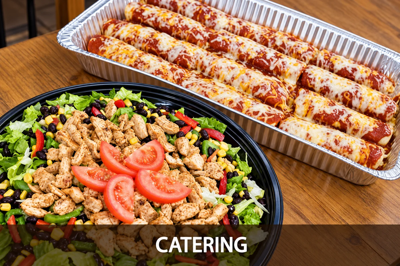 Salad and enchiladas with a Catering caption