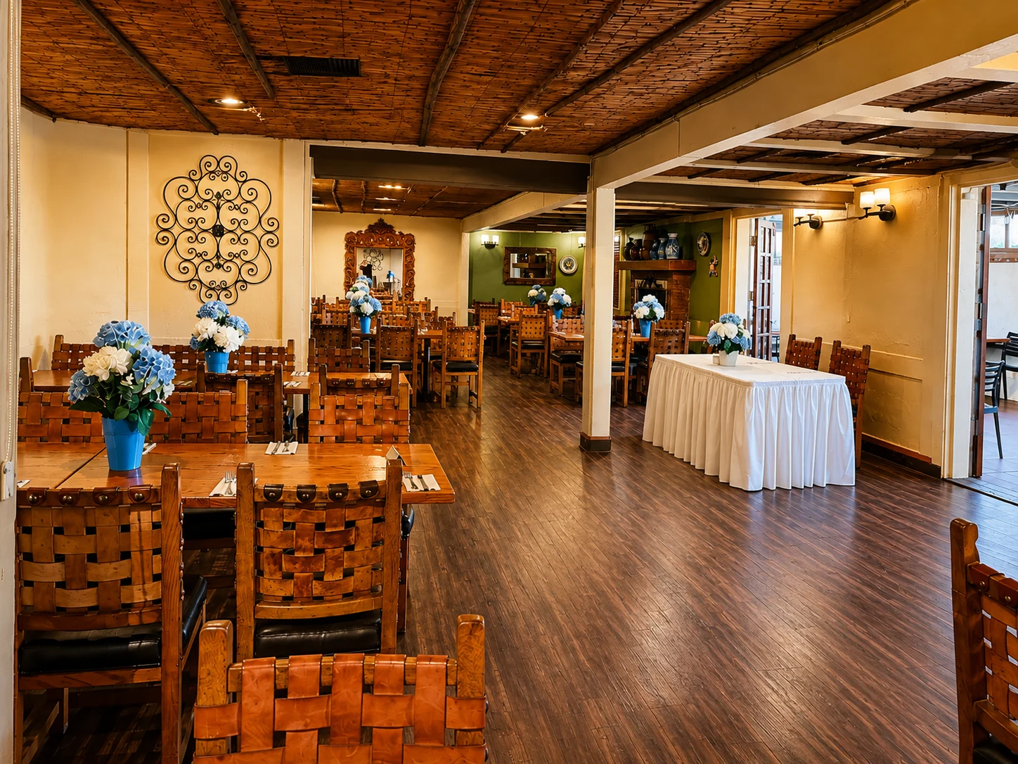 Dining room with blue and white floral arrangements