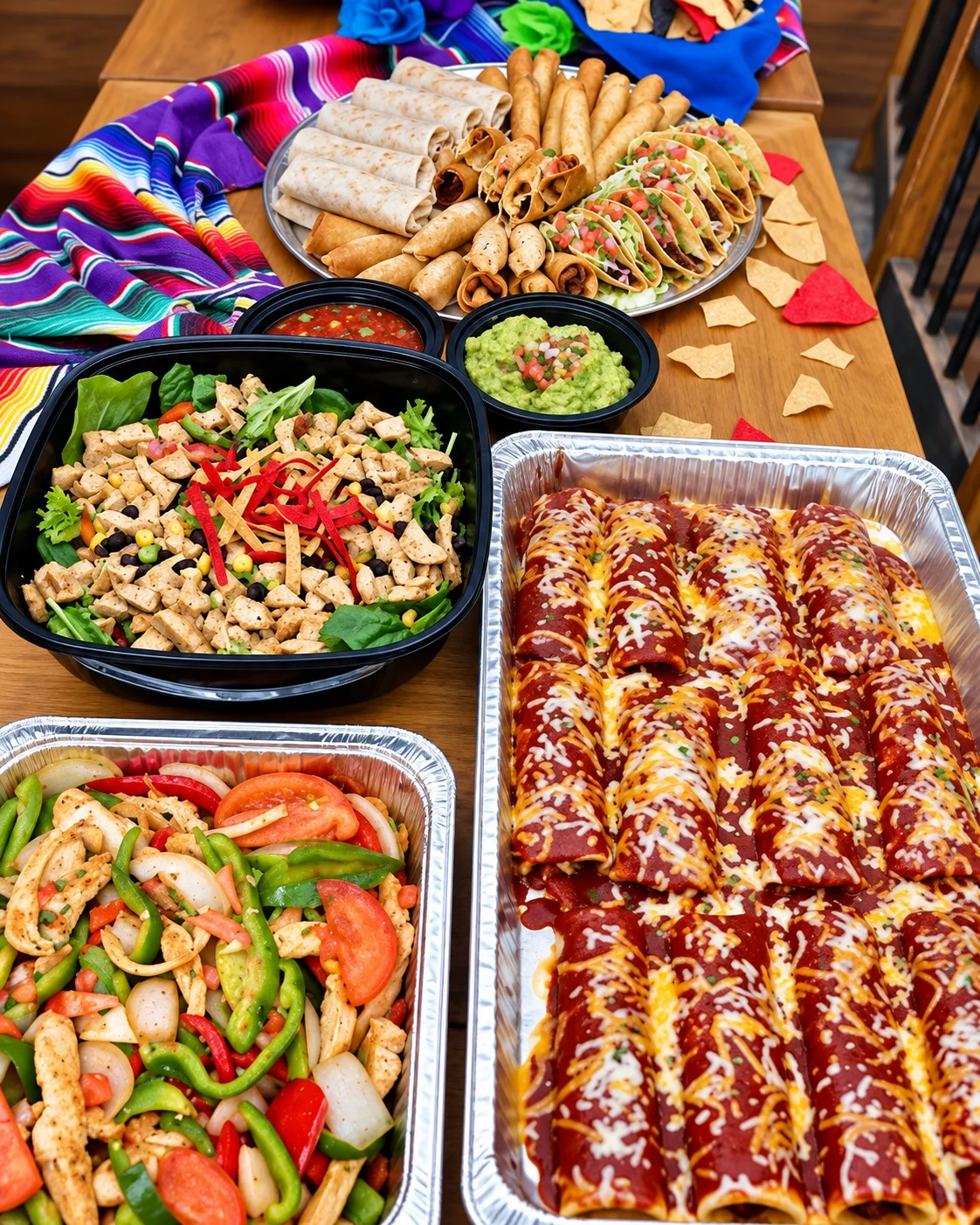 A colorful spread of party platters, salad and enchiladas