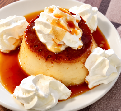 Flan with caramel sauce and whipped cream
