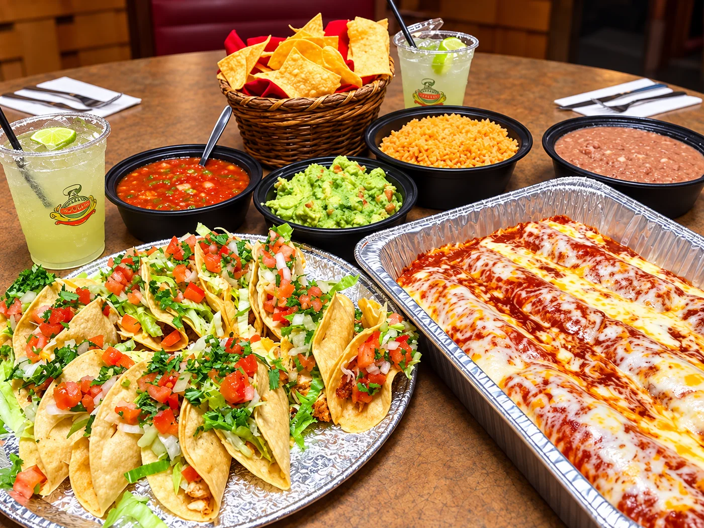 Party spread inspiration with tacos, enchiladas, chips, guacamole, rice, beans and lime drinks
